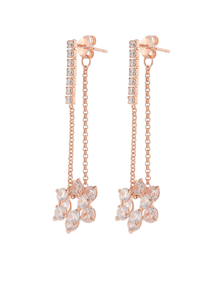 dainty floral design rose gold cz drop earrings