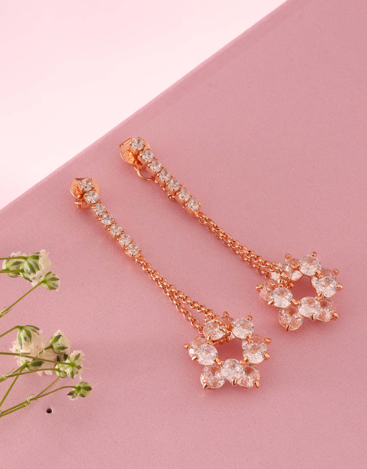 dainty floral design rose gold cz drop earrings