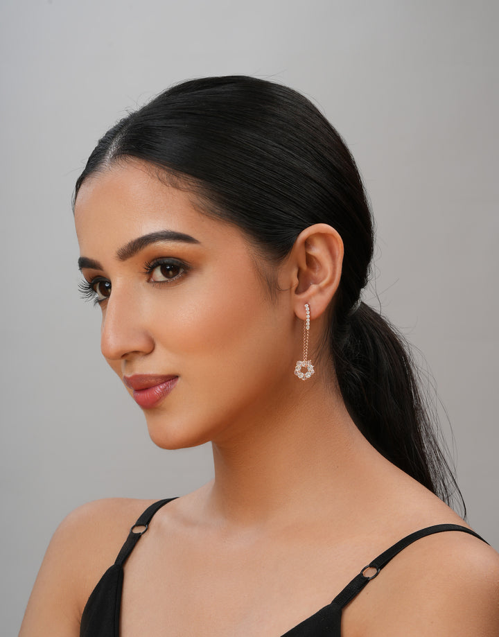dainty floral design rose gold cz drop earrings