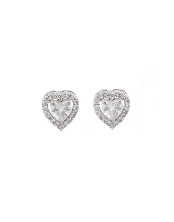 heart-shaped sterling silver charm and stud earrings set with multiple cz stones