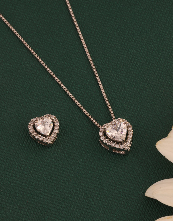 heart-shaped sterling silver charm and stud earrings set with multiple cz stones