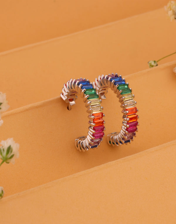 stylish multicolor stone studded sterling silver hoop earrings