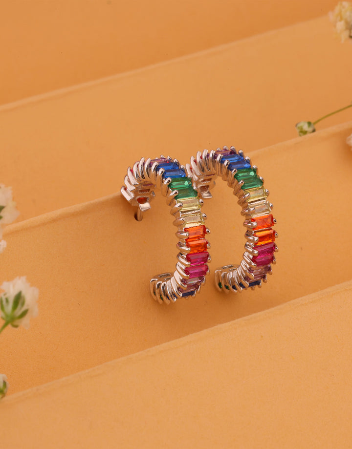 stylish multicolor stone studded sterling silver hoop earrings