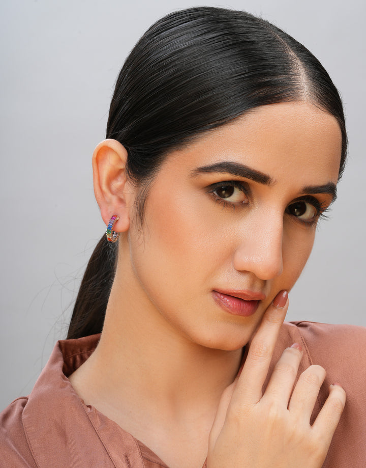 stylish multicolor stone studded sterling silver hoop earrings