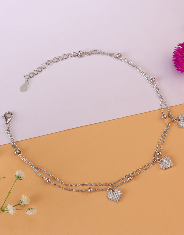 link chain sterling silver anklet with heart charms
