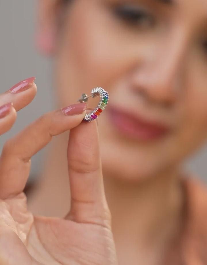 stylish multicolor stone studded sterling silver hoop earrings