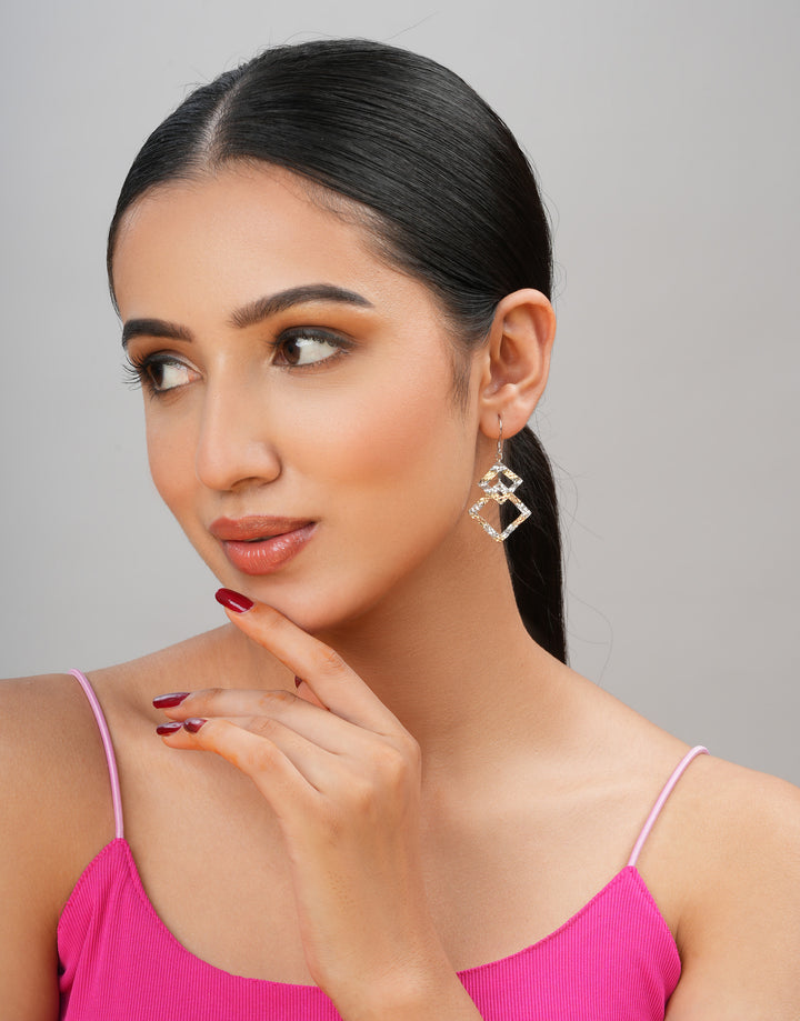 trendy geometric double square silver dangle earrings